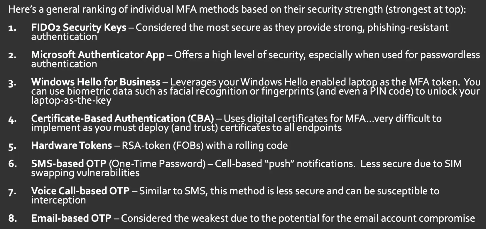 MFA methods from strongest to weakest